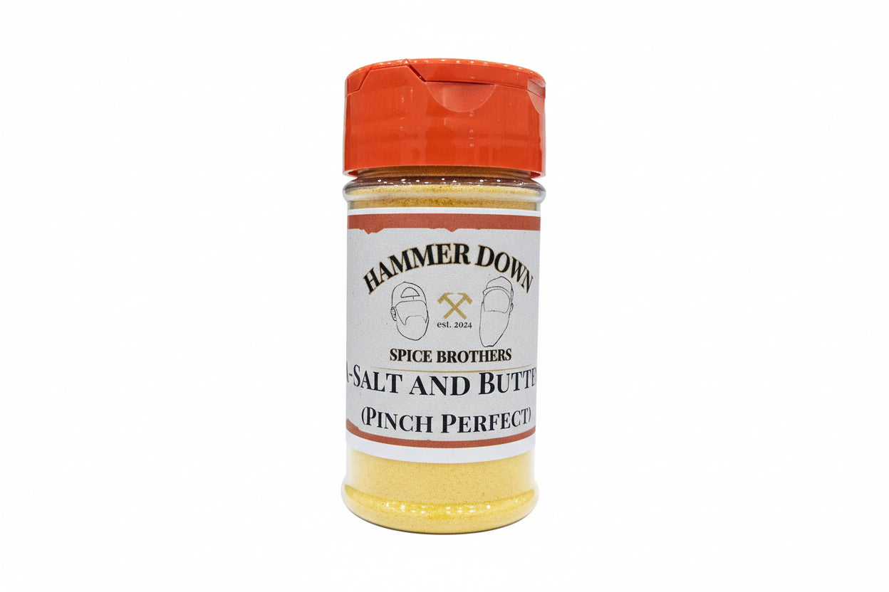 'Hammer Down Spice Brothers' A-Salt and Butter spice blend on a white background