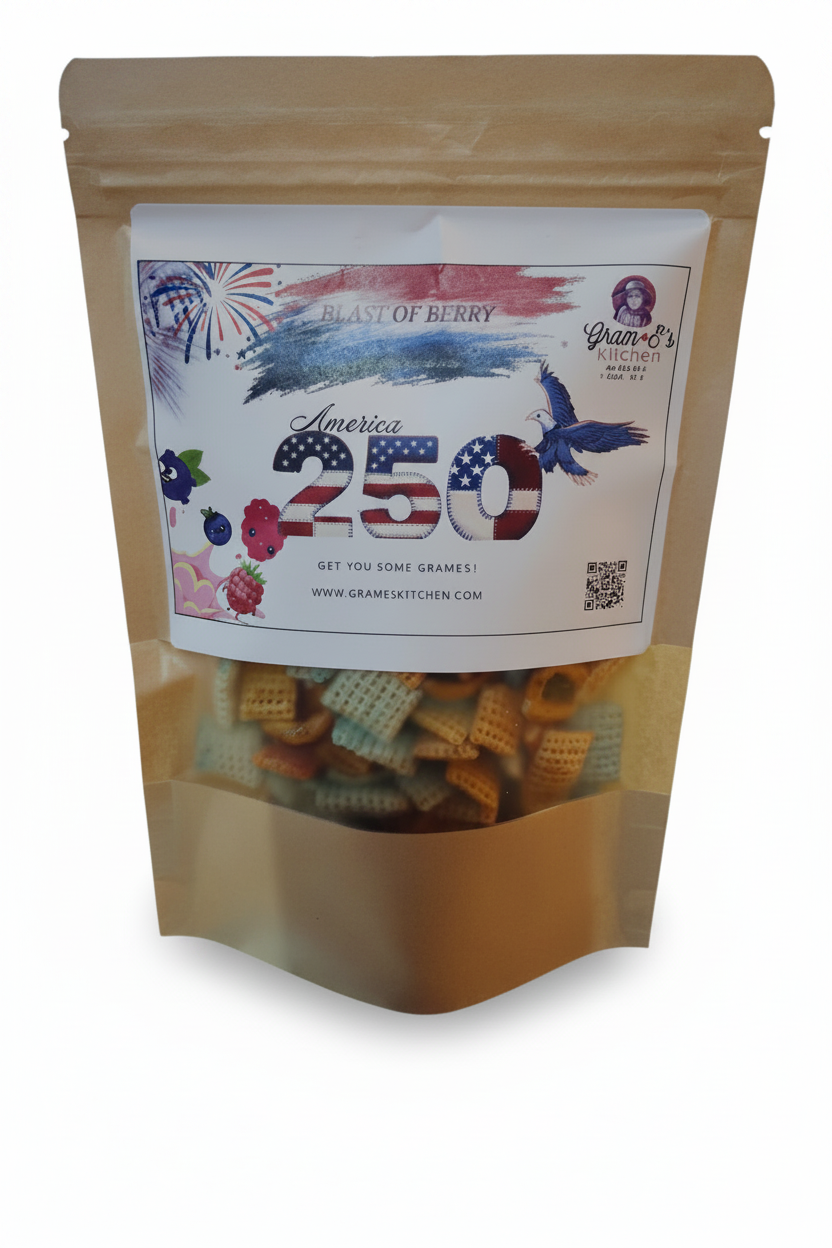 Pouch of snack mix with a label featuring 'America 250' and a patriotic design.