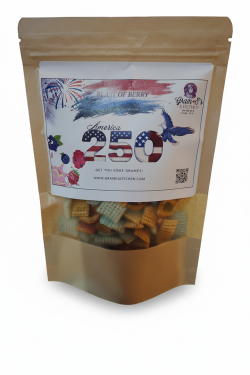 Pouch of snack mix with a label featuring 'America 250' and a patriotic design.