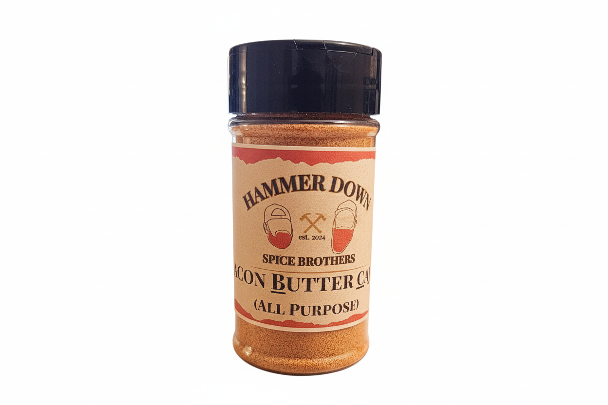 Spice container labeled 'Hammer Down Spice Brothers Bacon Butter Cajun' on a white background
