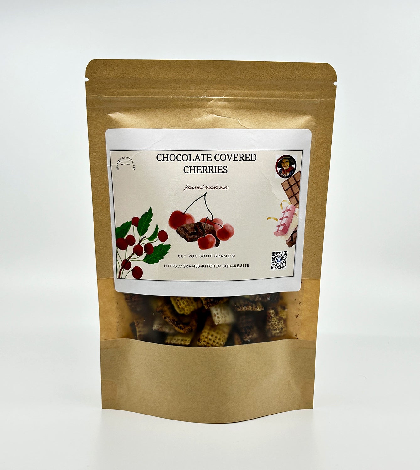 Package of chocolate-covered cherries snack mix with a label on a white background
