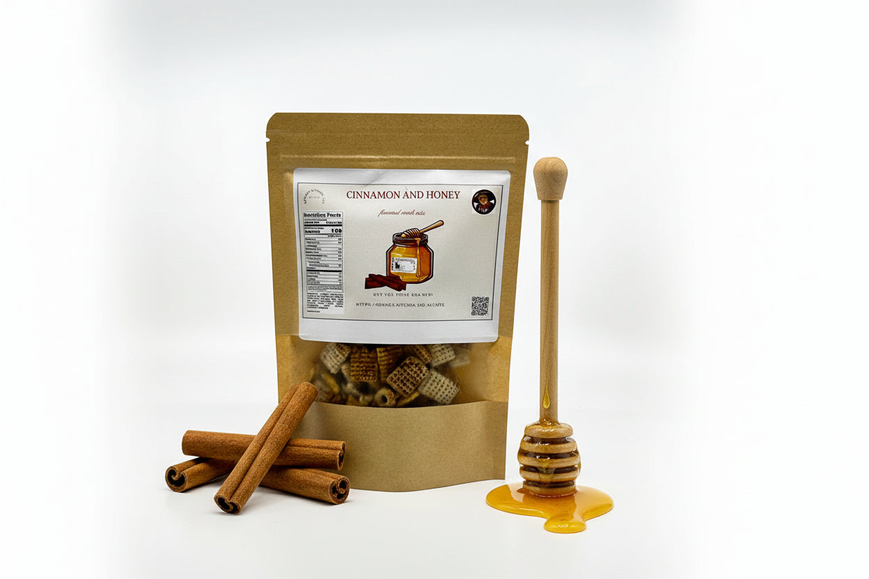 Kraft paper packaging with a label for cinnamon and honey on a white background