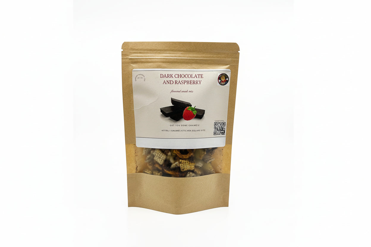 Packaged dark chocolate and raspberry snacks with a visible brand logo on a white background