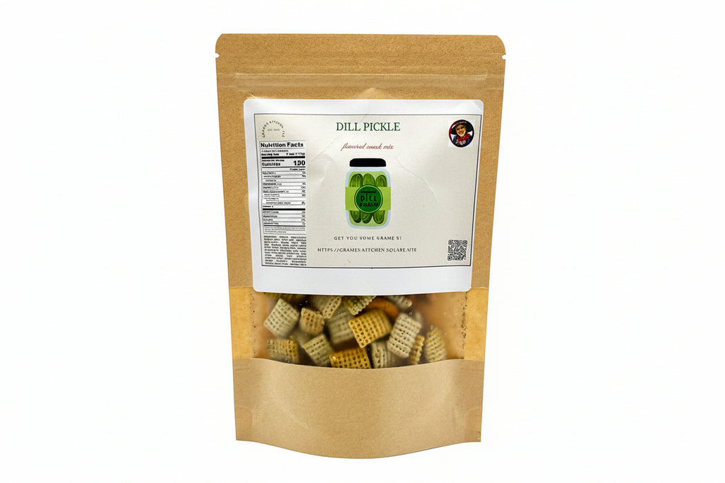 Brown paper bag with a label for dill pickle snack mix on a white background