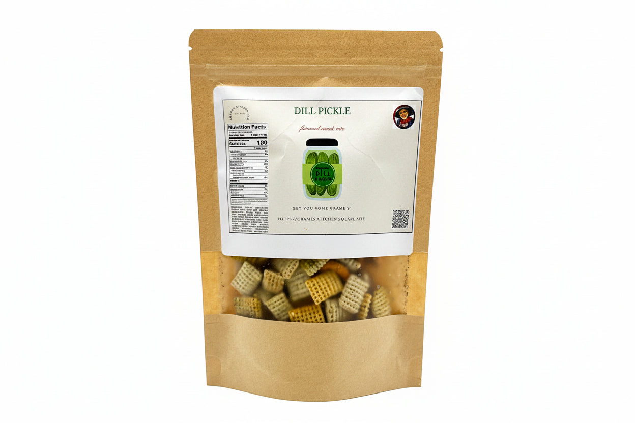 Brown paper bag with a label for dill pickle snack mix on a white background