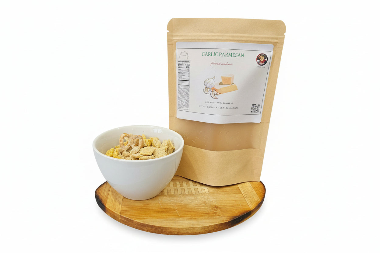 Garlic Parmesan gourmet snack mix on a cutting board with white bowl of snack mix