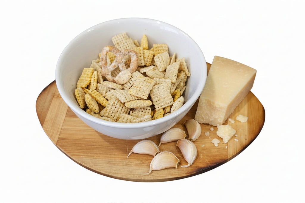 White bowl with snack mix on a wooden cutting board