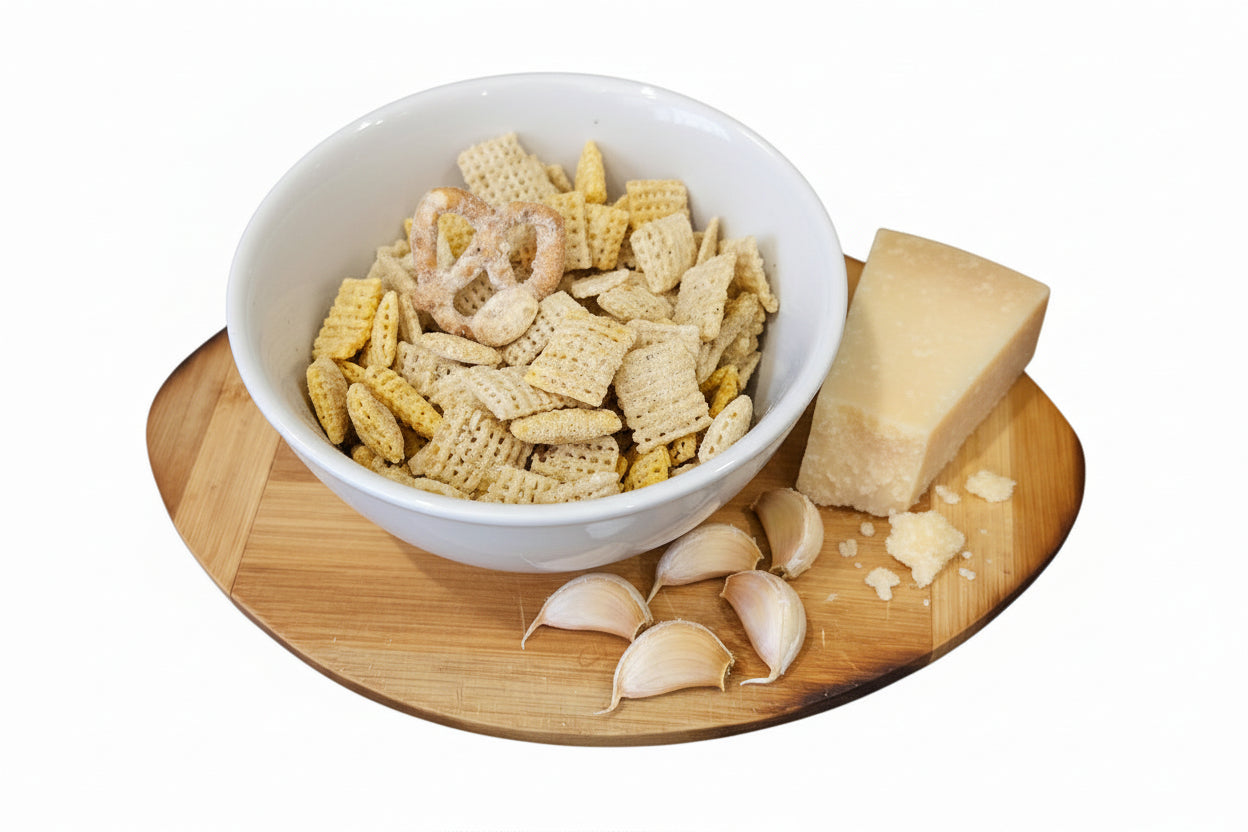 White bowl with snack mix on a wooden cutting board
