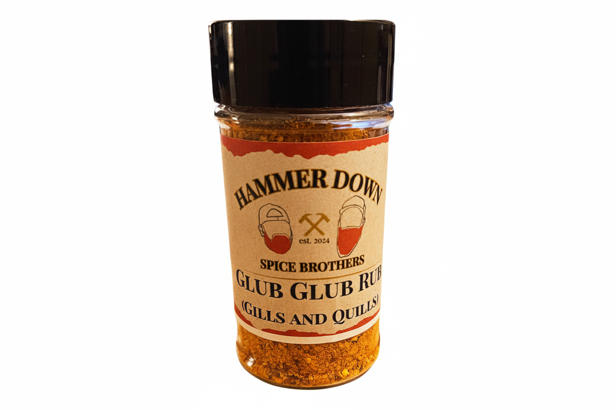 Jar of 'Hammer Down Spice Brothers' Club Glub Rub on a white background