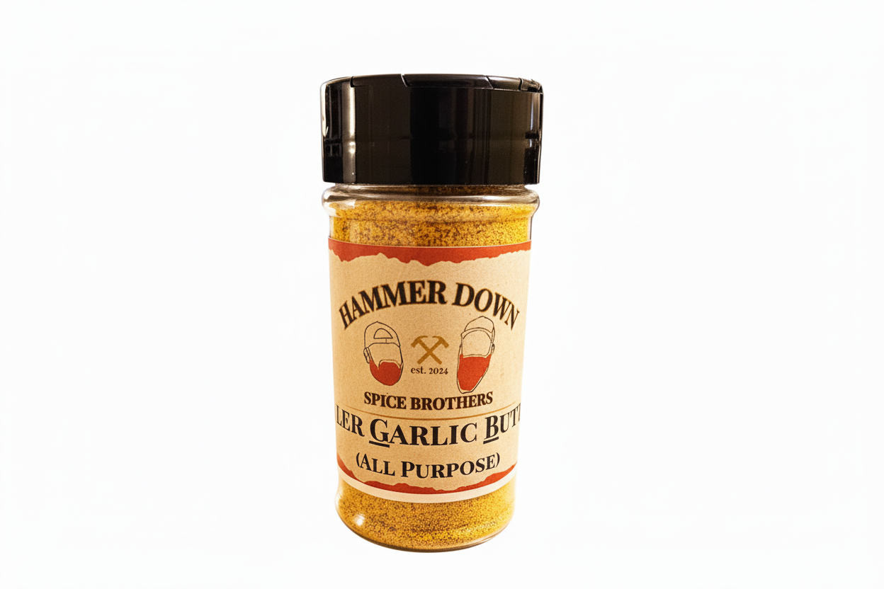 Spice jar labeled 'Hammer Down Spice Brothers Killer Garlic Butter' with a white background