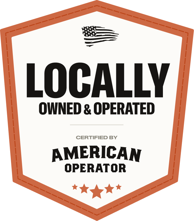 Hexagonal badge with 'Locally Owned & Operated' text and American Operator certification logo.