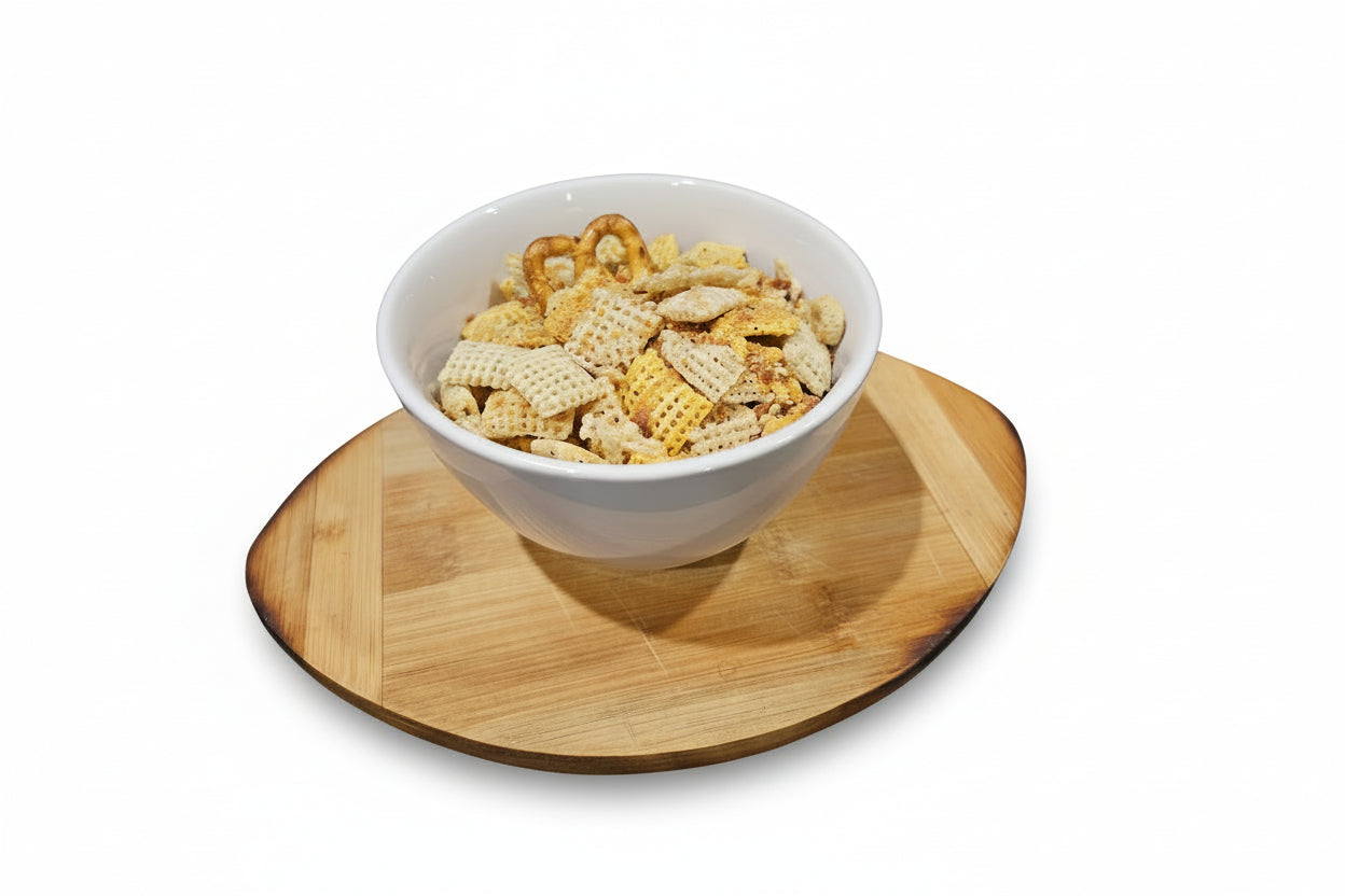 White bowl of snack mix on a wooden coaster with a white background