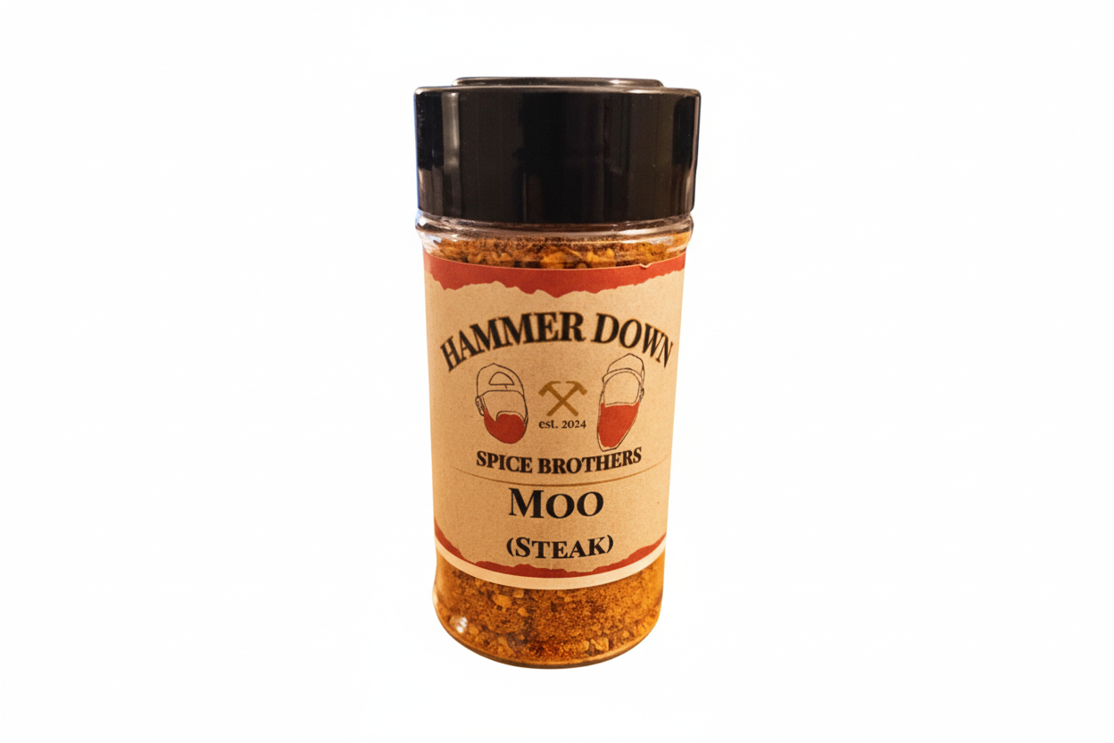 Spice container labeled 'Hammer Down Spice Brothers Moo Steak' on a white background