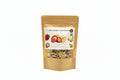 Kraft paper snack package with strawberry and banana label on a white background
