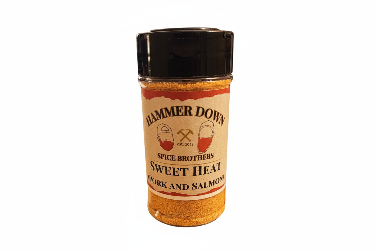 Spice container labeled 'Hammer Down Spice Brothers Sweet Heat' on a white background