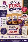 Teacher Fuel Gift Bag promotional flyer for Gram & E's Kitchen Snack Mix, showing three bags of mixed snacks inside a white gift box with purple filler, surrounded by price and thank-you graphics.