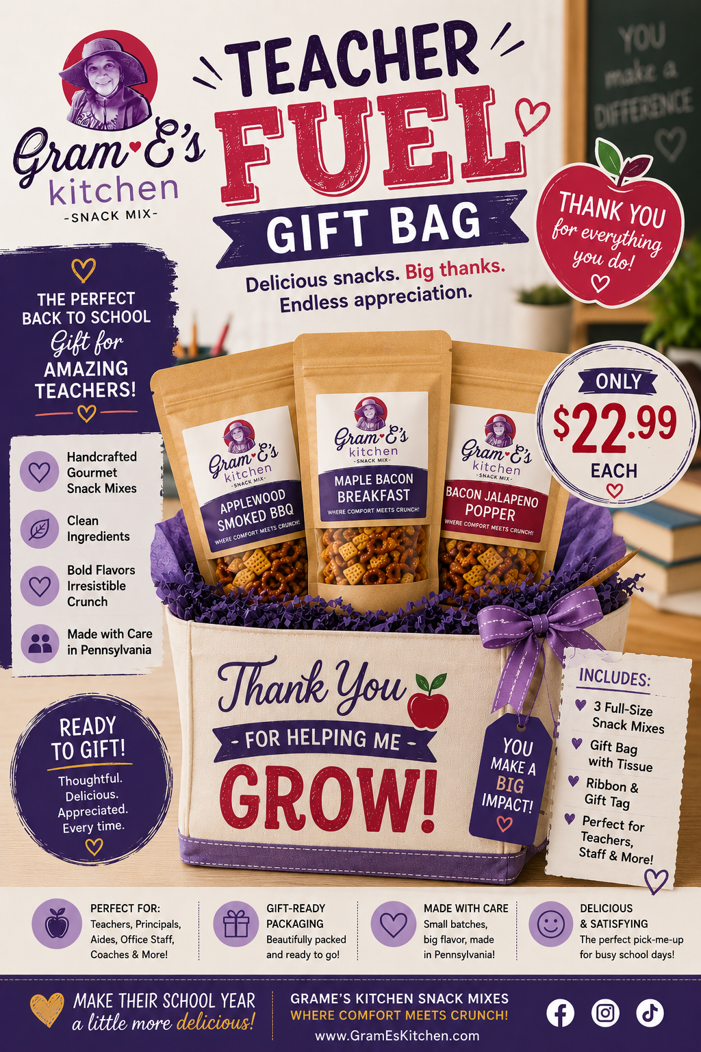 Teacher Fuel Gift Bag promotional flyer for Gram & E's Kitchen Snack Mix, showing three bags of mixed snacks inside a white gift box with purple filler, surrounded by price and thank-you graphics.