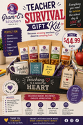 Promotional graphic for the Gram & E's Kitchen Teacher Survival Gift Kit, showing a collection of snack mixes, mugs, and gift tags arranged on a wooden desk with chalkboard-style signs.