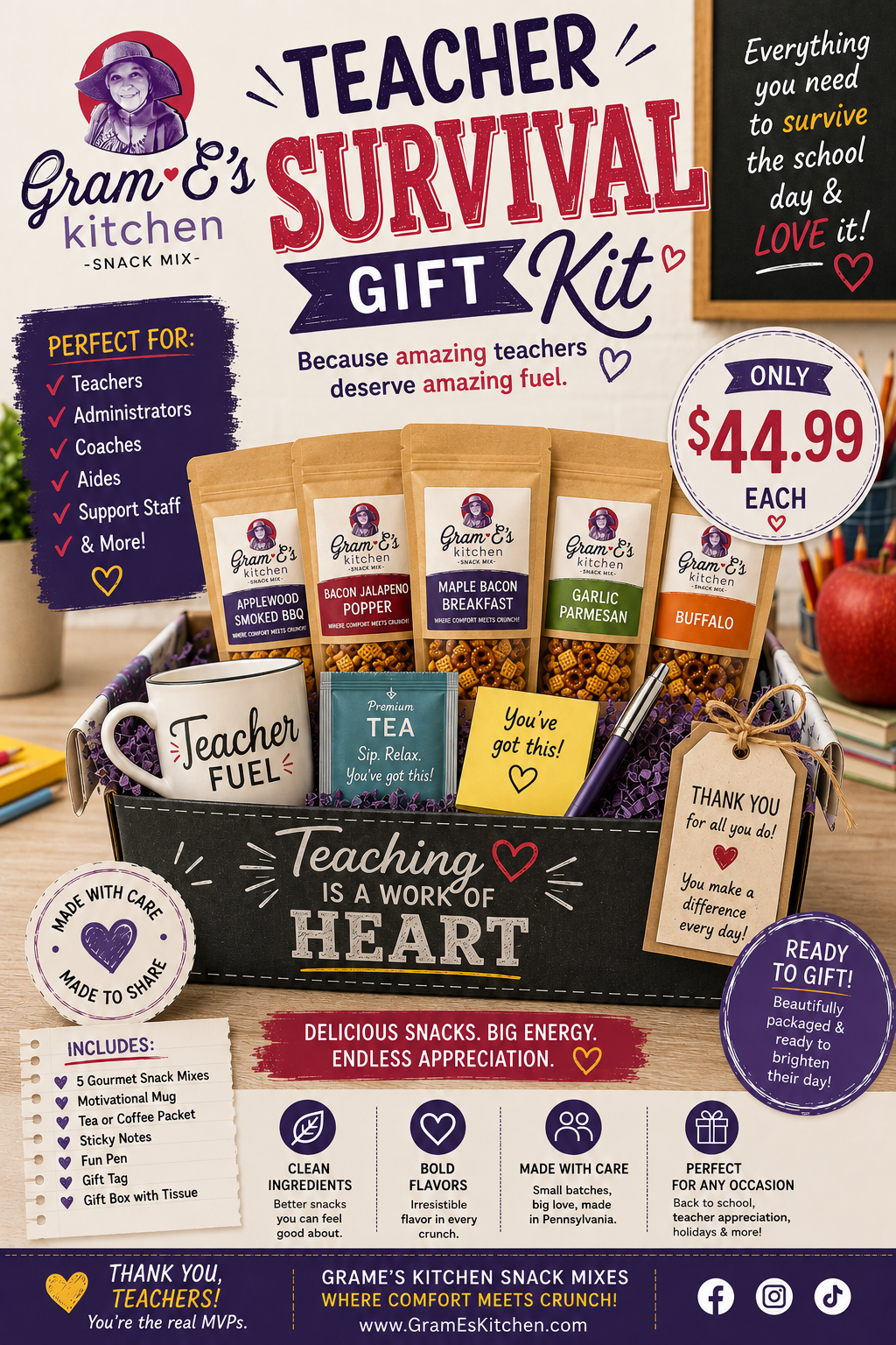 Promotional graphic for the Gram & E's Kitchen Teacher Survival Gift Kit, showing a collection of snack mixes, mugs, and gift tags arranged on a wooden desk with chalkboard-style signs.