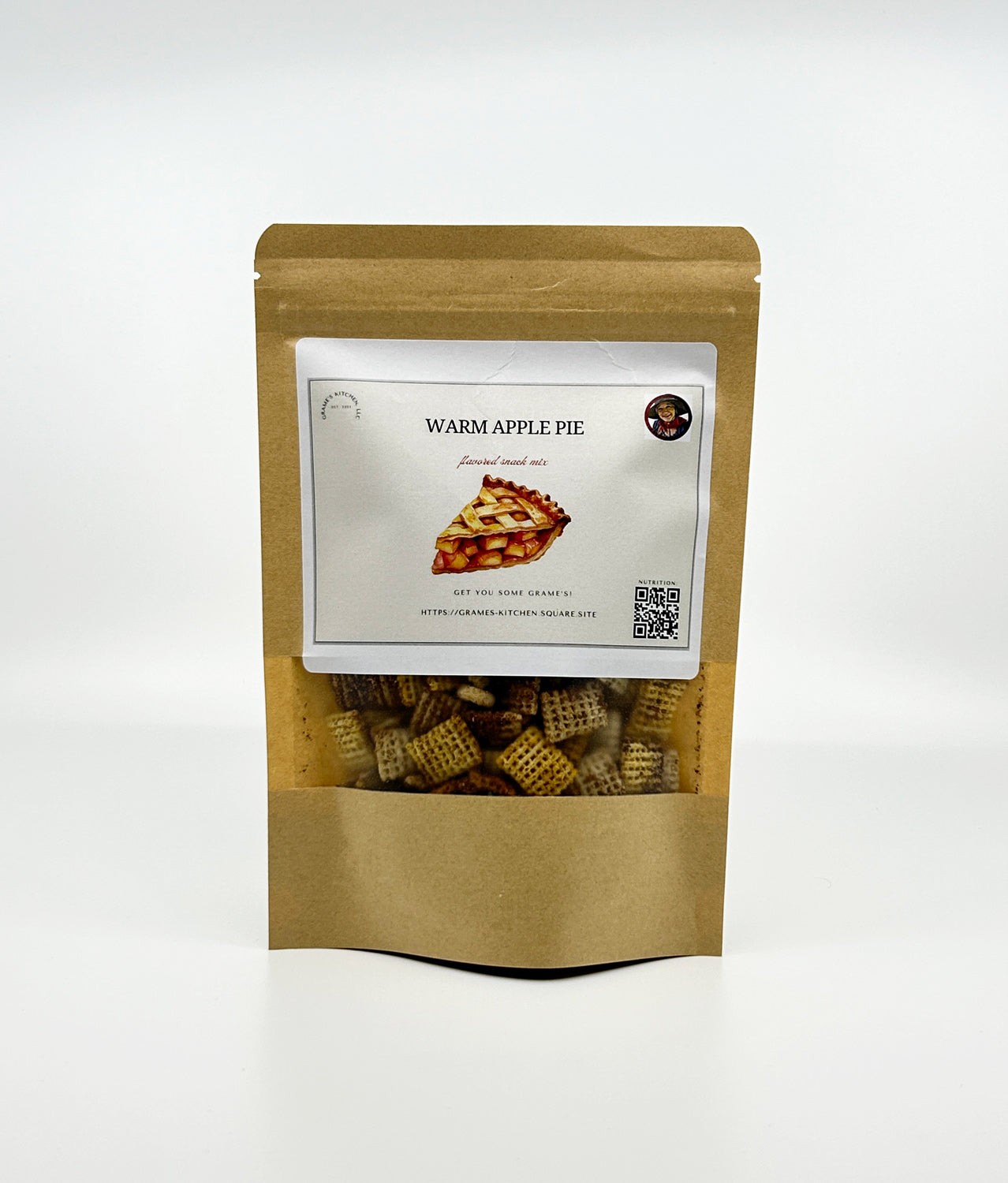 Kraft paper packaging of 'Warm Apple Pie' with a label on a white background