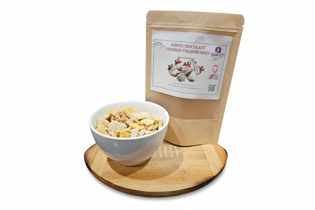 White bowl with snack mix on a wooden cutting board next to a package of snack mix