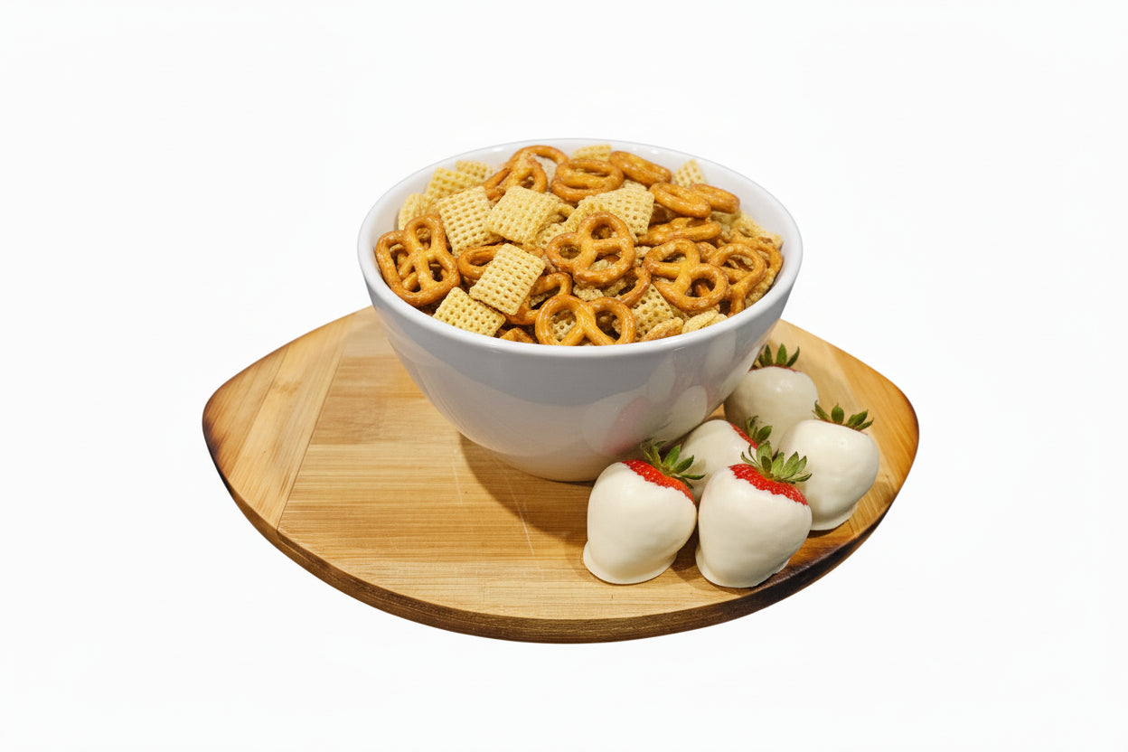 White bowl filled with white chocolate and strawberry snack mix on a wooden cutting board
