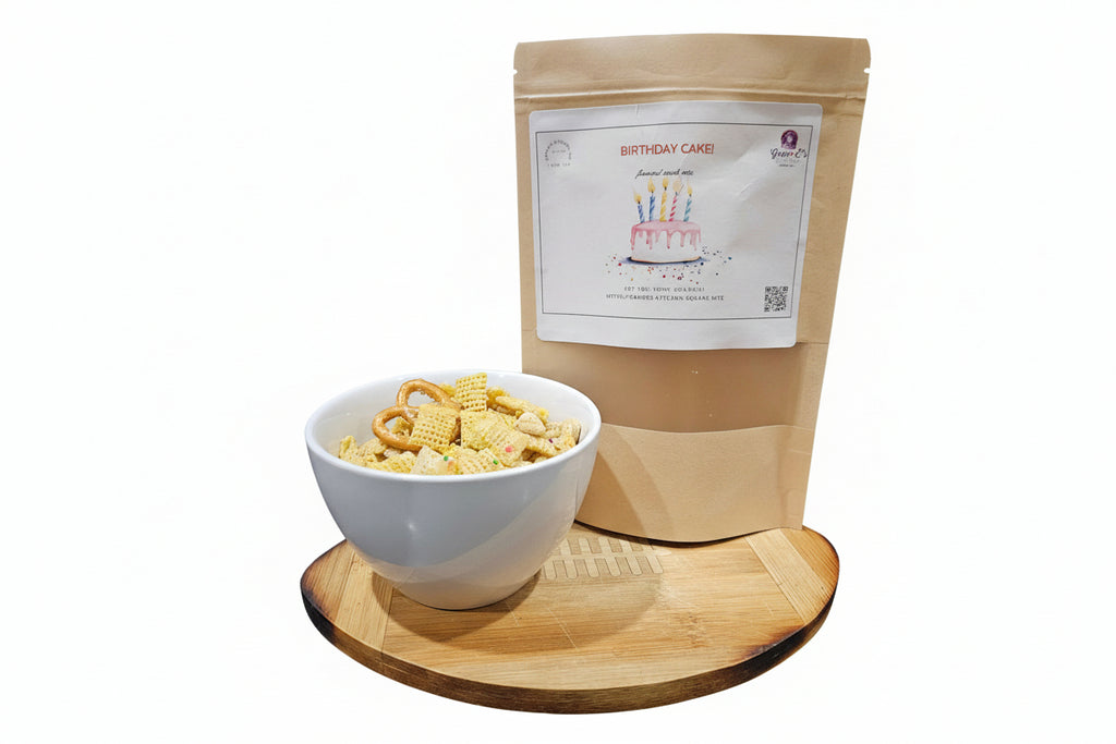 bag of birthday cake snack mix 2.5 ounce bag with ceramic bowl on cutting board