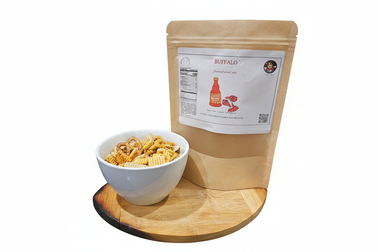 Bowl of snacks next to a wooden bag labeled 'Buffalo' on a white background