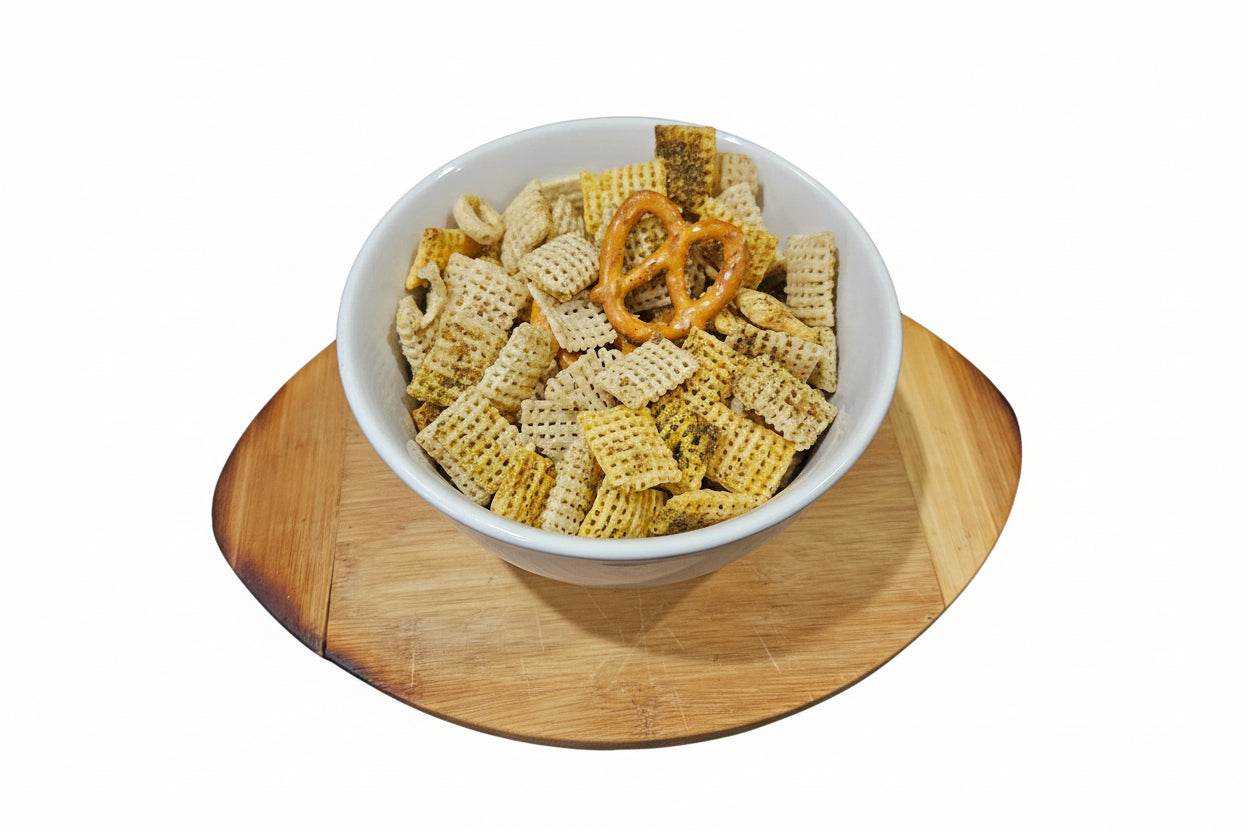 White bowl filled with cranch gourmet snack mix on a wooden coaster