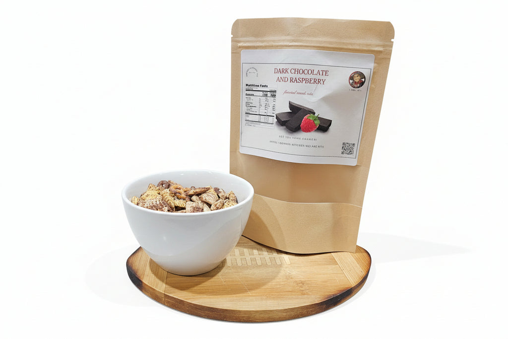 Bag of dark chocolate and raspberry mix with a bowl of snack mix on a wooden board.
