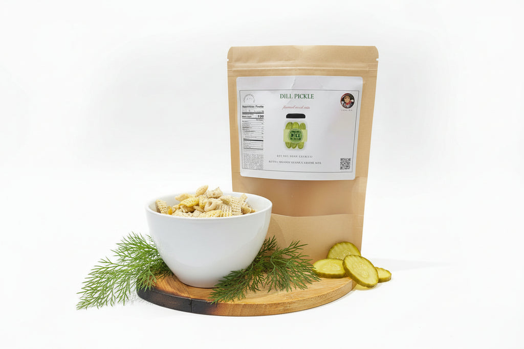 Bowl of dill pickle snacks on a wooden cutting board with a package labeled 'Dill Pickle' in the background.