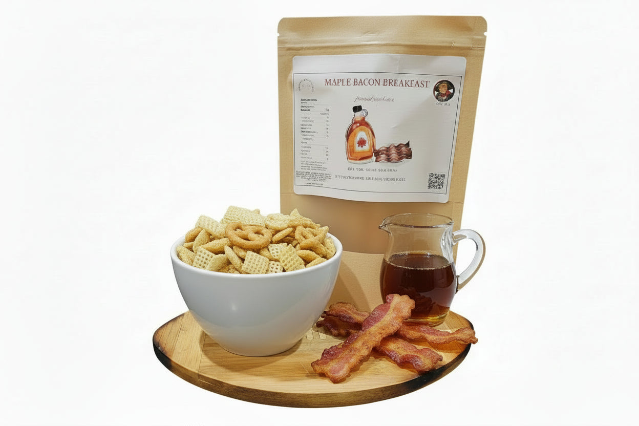 Bag of maple bacon breakfast mix with a bowl of  on a gourmet snack mix on a white background