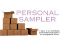 Stack of cardboard boxes labeled 'Personal Sampler' on a white background