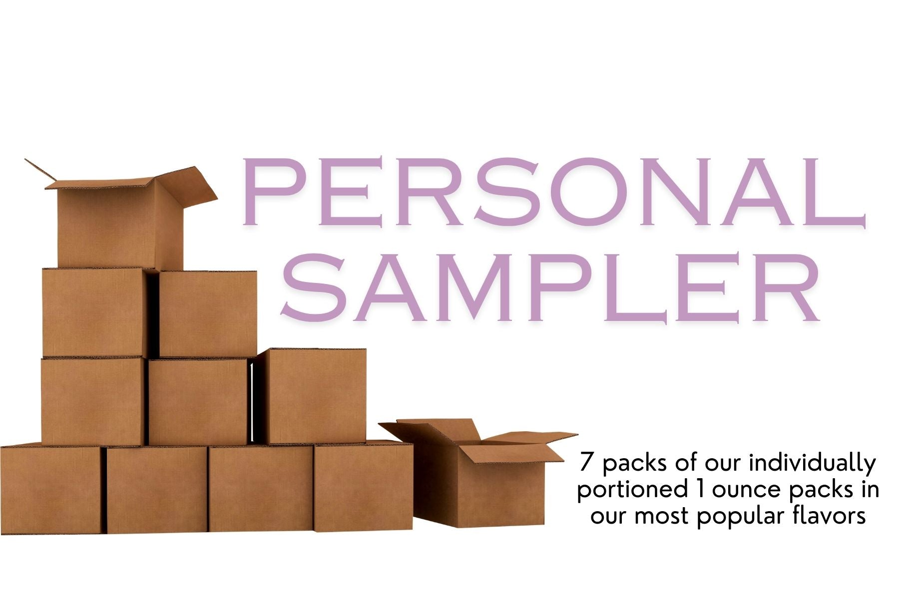 Stack of cardboard boxes labeled 'Personal Sampler' on a white background