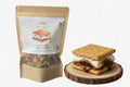 S'mores kit packaging with a s'mores on a wooden coaster