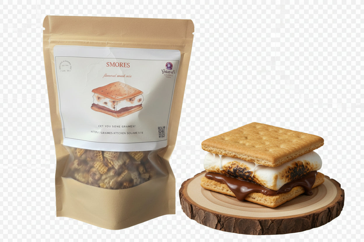 S'mores kit packaging with a s'mores on a wooden coaster
